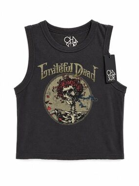 Chaser Black Grateful Dead Graphic Tank with Red Rose Accents NWT